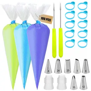 Piping Bags and Tips Set - 100 12Inch Disposable Pastry Piping Bags for Royal Icing with 7 Frosting Tips, 10 Icing Bags Ties, 2 Scriber Needle - Tipless Piping Bags Kit for Cookies & Cake Decorating