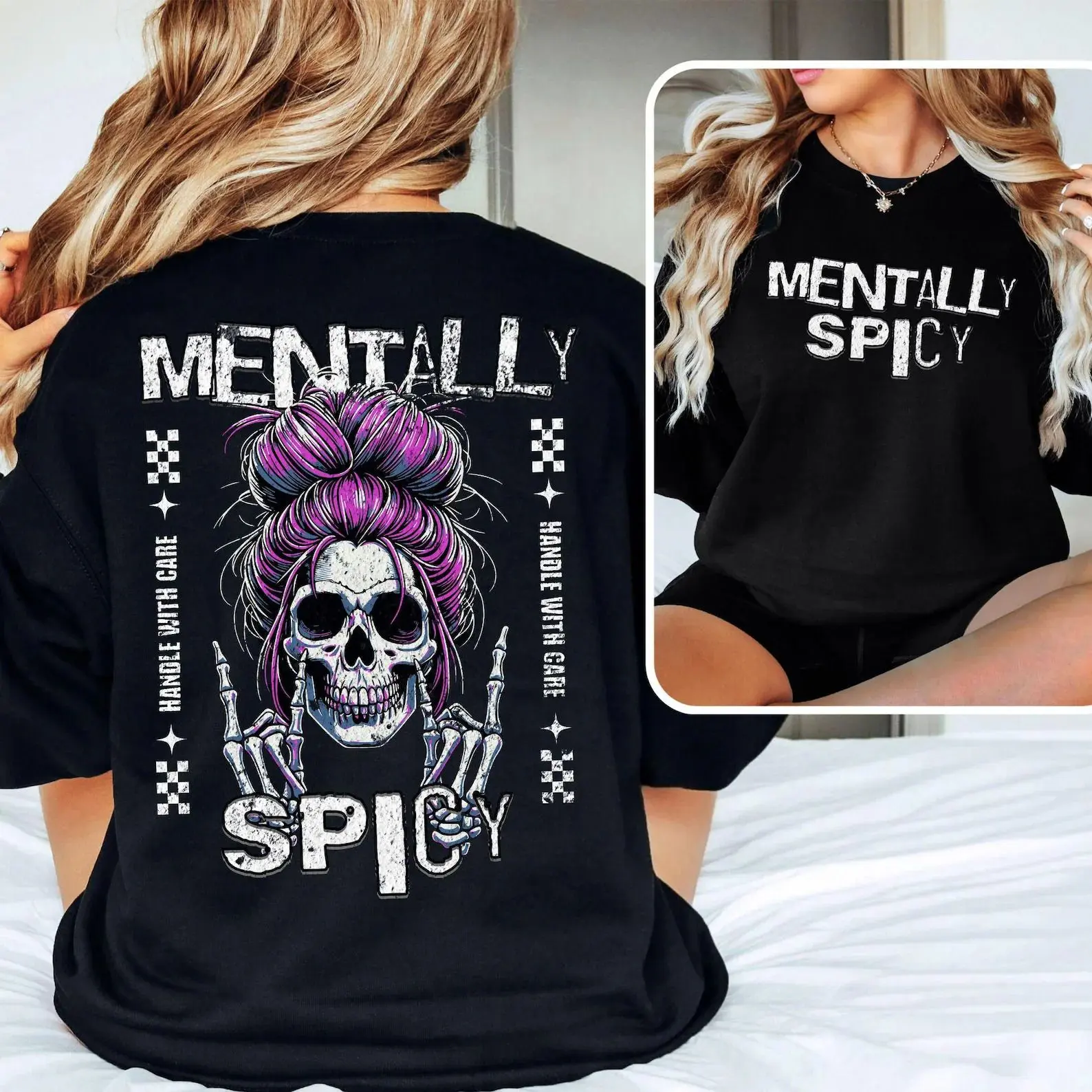 Women's  Basics Minimalist Long-Sleeve Hoodie - Unisex Pullover with Sassy Skull, Purple Messy Bun, Skeleton Hands, Handle With Care Vibes for Spicy Souls, Figure-Flattering Party Street Top (Black)  BB
