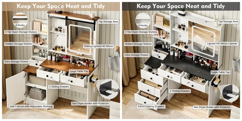【Valentine's Day gift】Makeup Vanity Mirror with Light, Large Women Vanity Desk with Touch Screen Mirror Lights & Power Outlet, 4 Cabinet, 2 Shelves & 5 Drawers for Bedroom,[Gift Idea]