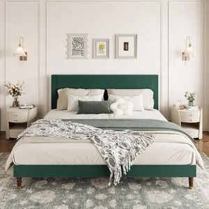 King Size Bed Frame with Upholstered Headboard and Strong Wooden Slats Support, Soft Corduroy Fabric Platform Bed, No Boxing Spring Needed,Dark Green
