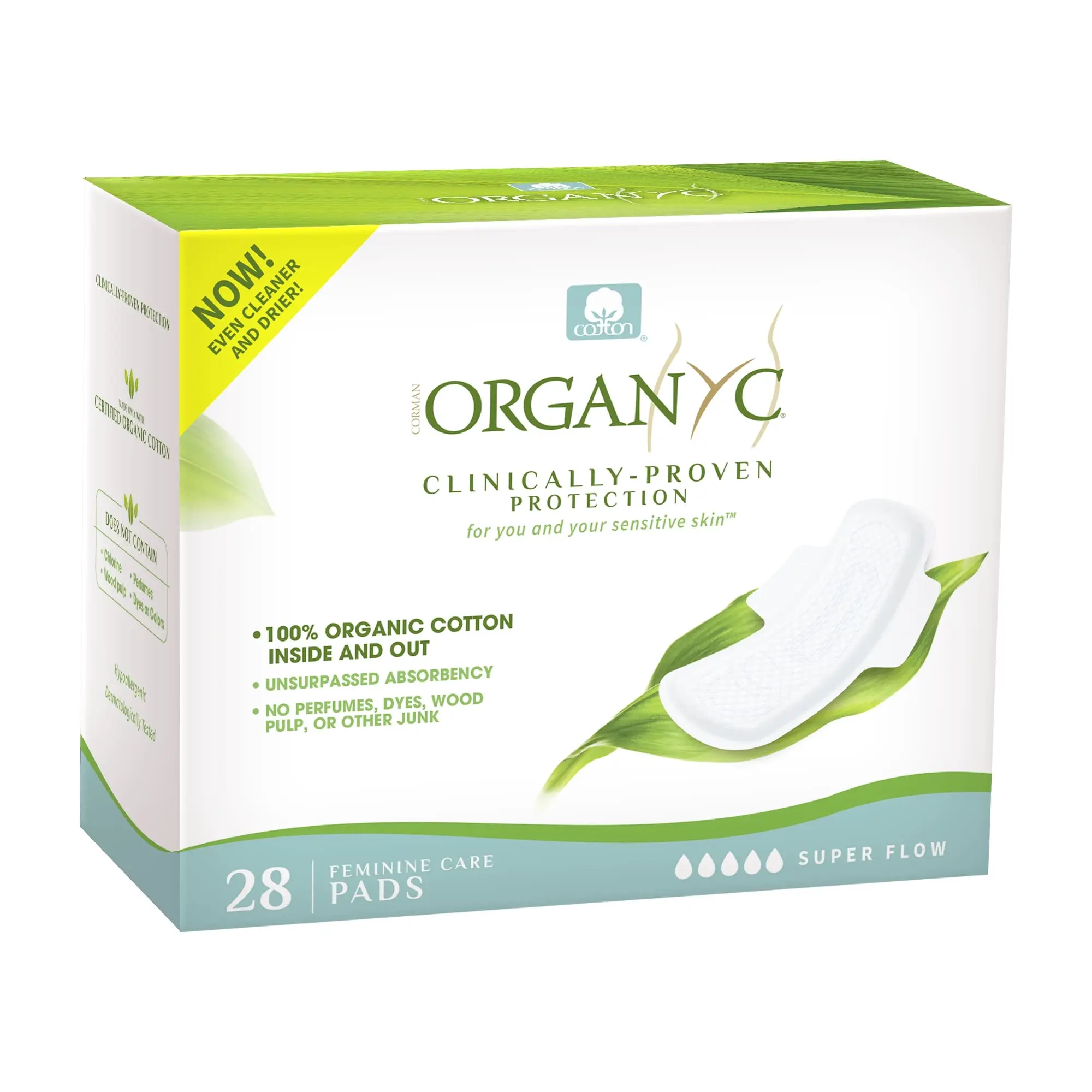 Organyc Unscented 100% Certified Organic Cotton Feminine Pads - Overnight Use, Heaviest Flow, Super Absorbency, 28 Count