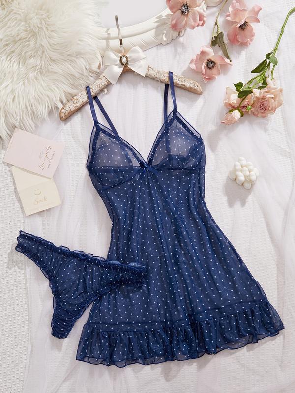 Women's Elegant Polka Dot Sleepwear Set, Lightweight Knit Fabric, Soft Touch, Half-Transparent Effect, Classic Bow, All Seasons Women's Elegant Polka Dot Sleepwear Set, Lightweight Knit Fabric, Soft Touch, Half-Transparent Effect, Classic Bow, All Seasons