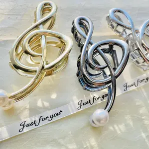 Music Note Hair Claw Treble Clef Hair Clip Big Size Metal Hair Claw with Pearl for Music Lovers Silver Golden Black 4.52 Inches