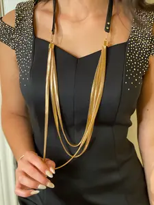 Three layers metal and PU leather long necklace