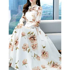Women's Elegant Floral Print A-line Dress V-neck Pleated Waist Details Slimming Effect Long Elegant Skirt Casual Fabric Summer White Polyester Womenwear Flower Ruffled