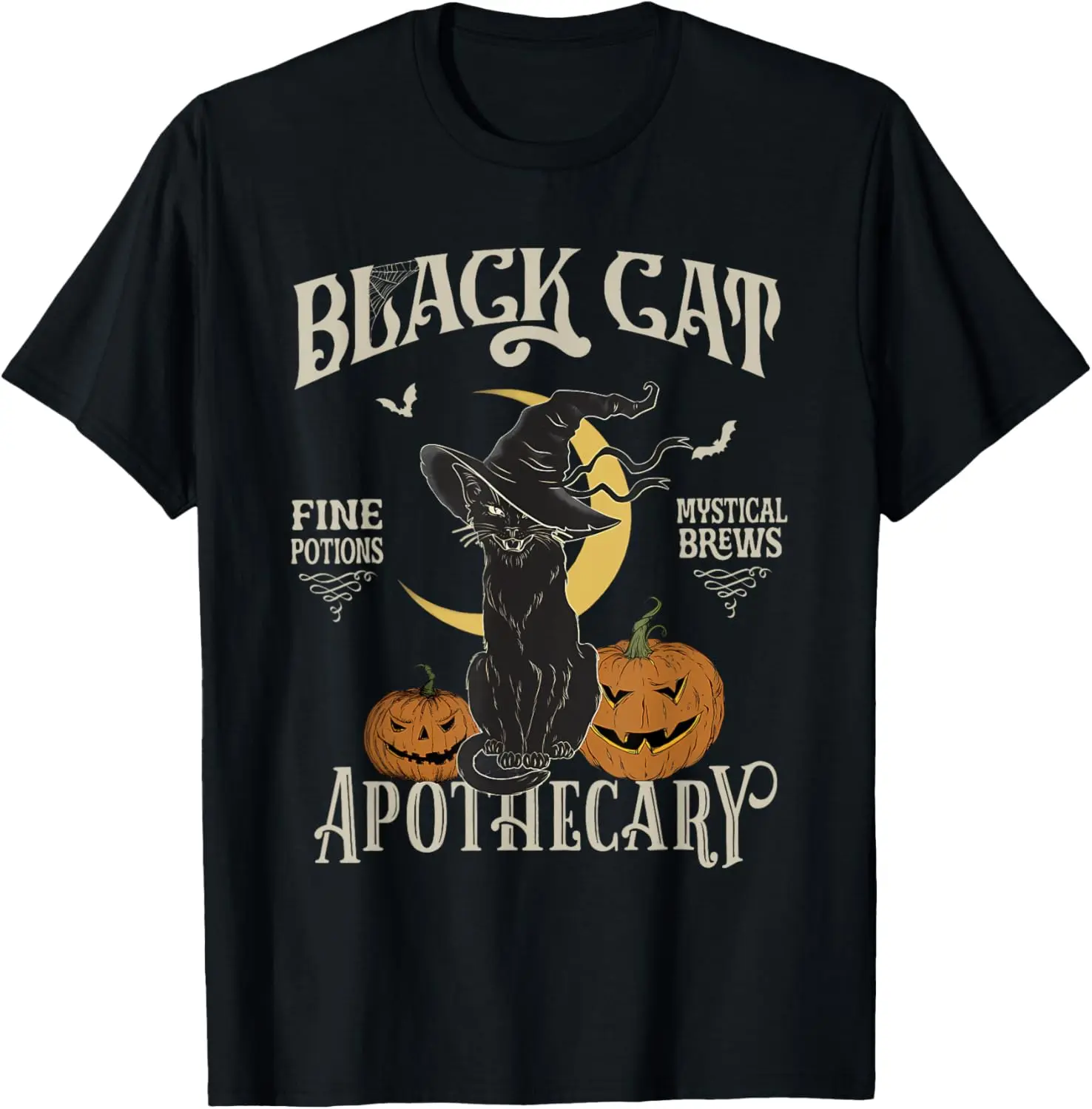 1pc Retro Halloween "Salem Apothecary Black Cat" Horror T-shirt | Distressed Fabric + Black Cat/Apothecary Print, Retro Fit | Retro Enthusiasts/Occult Fans | Halloween Retro Parties | Salem witch culture adds mystery, solves retro occult fans' needs