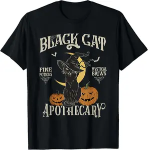 1pc Retro Halloween "Salem Apothecary Black Cat" Horror T-shirt | Distressed Fabric + Black Cat/Apothecary Print, Retro Fit | Retro Enthusiasts/Occult Fans | Halloween Retro Parties | Salem witch culture adds mystery, solves retro occult fans' needs