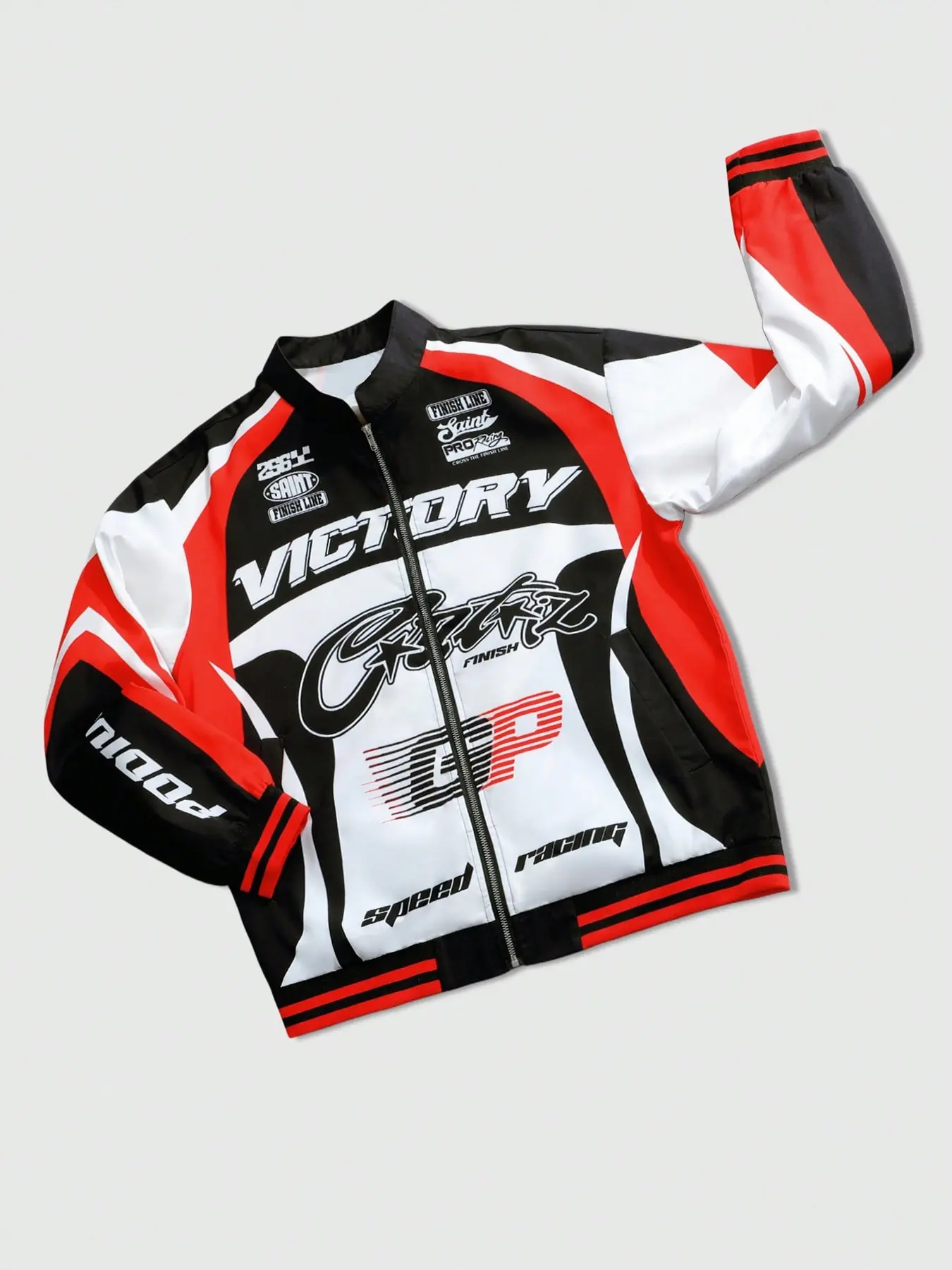 Vintage Racing Aesthetic Moto Jacket for Men & Women | Y2K Retro Red & White Color Block Long Sleeve Bomber Jacket | Cyber Streetwear Victory Speed Graphic Racing Coat