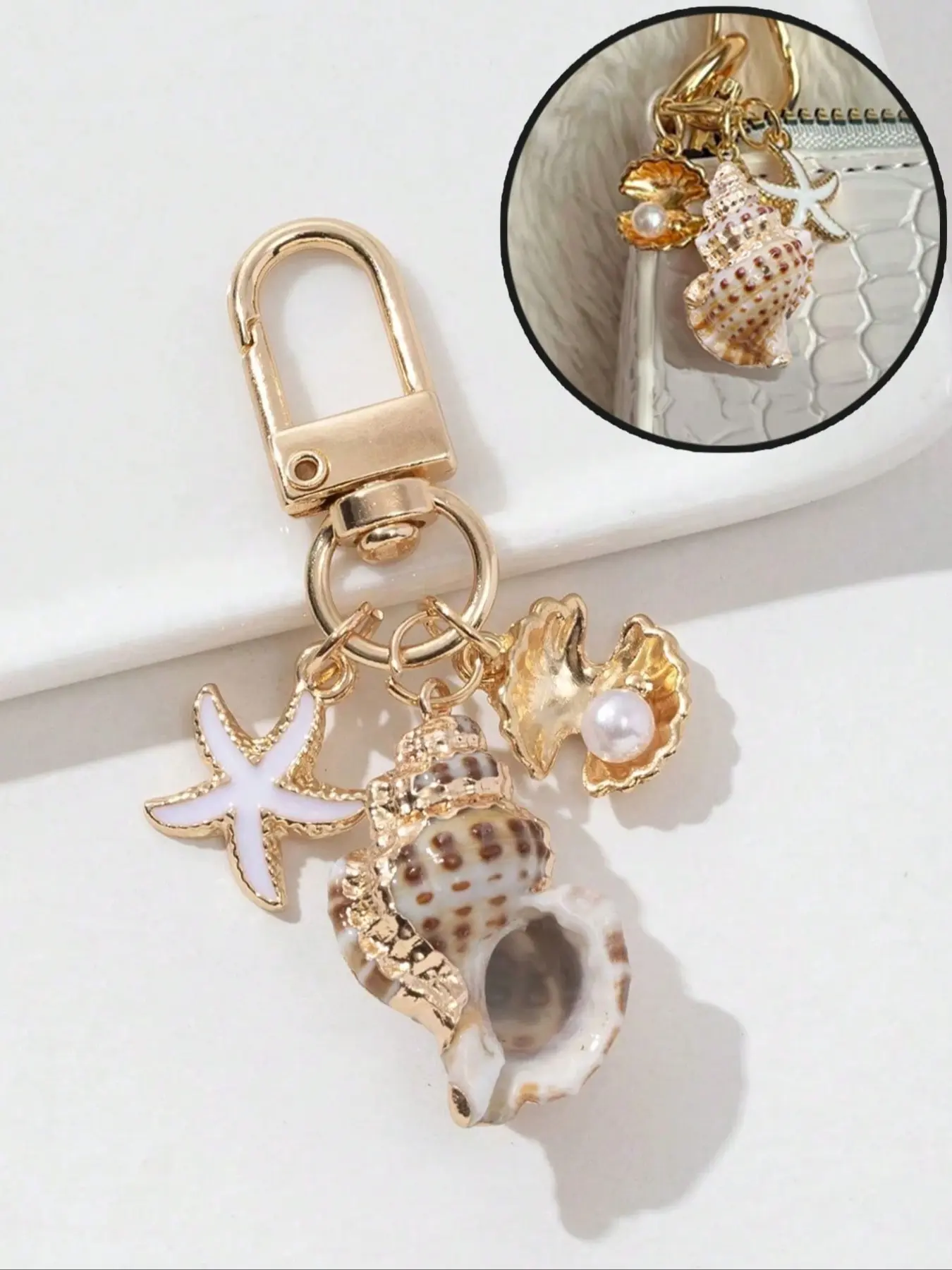 Seashell Starfish Bag Charm Pendants, Gold Starfish & Pearl Shell Bag Chain Charms, Beachy Coastal Bag Decoration Keychain, Summer Ocean-Inspired Bag Pendant for Backpack Purse, Purse Accessories, Durable Material