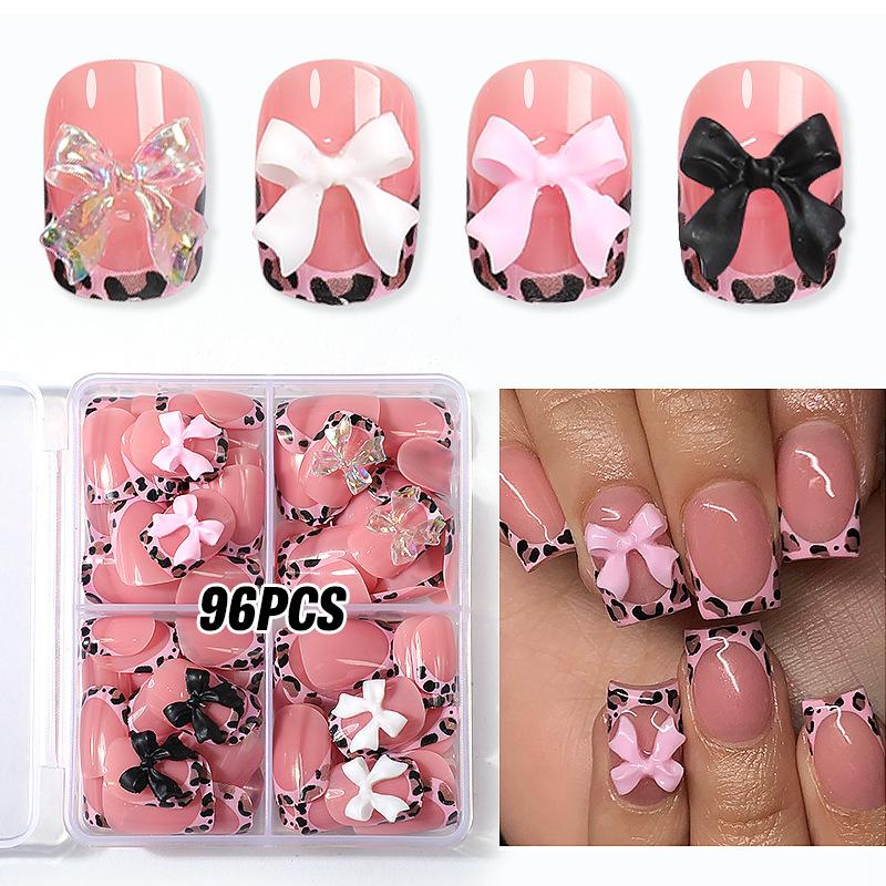 96pcs Short Square Nail Art Kit, Leopard Print Butterfly Design, Glossy Finish, Includes Jelly Glue and File, No Adhesive Needed, DIY Nail Kit