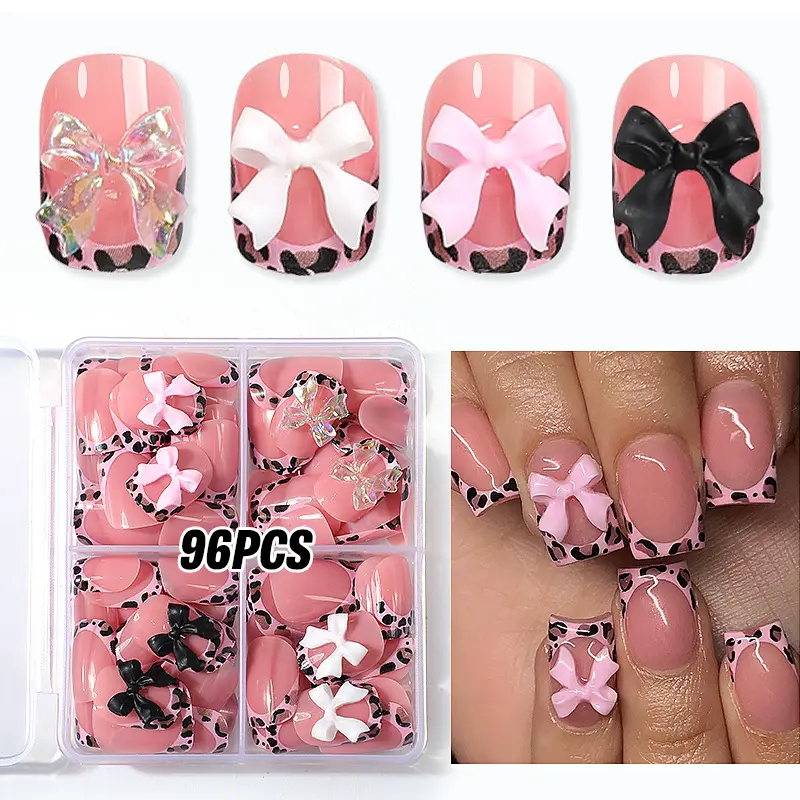 96pcs Short Square Nail Art Kit, Leopard Print Butterfly Design, Glossy Finish, Includes Jelly Glue and File, No Adhesive Needed, DIY Nail Kit