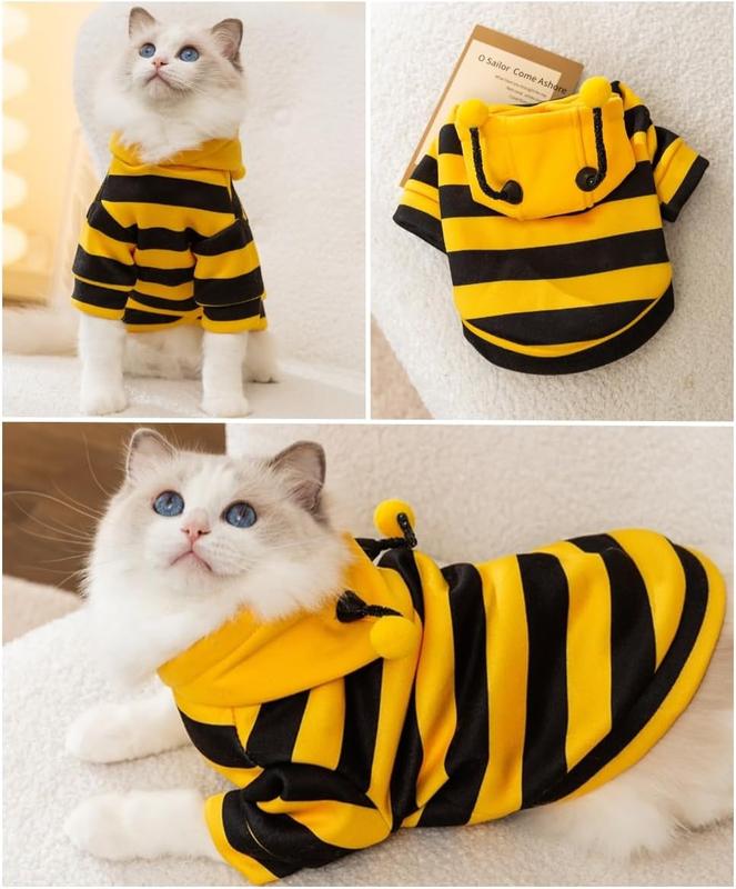 【Pet Supplies】Selena Cat Bee Antennae Hoodie Costume Dogs Cats Apparel Cute Stripe Outfit Medium Size Soft Fabric Keep Pets Warm Fun Dress Up Party Gift