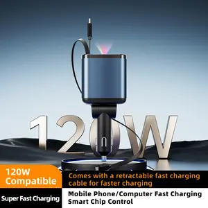 Retractable Starry Sky Car Charger 120W Super Fast Charging 4-in-1 USB Type-C & Lightning Cables Retractable for Smartphones