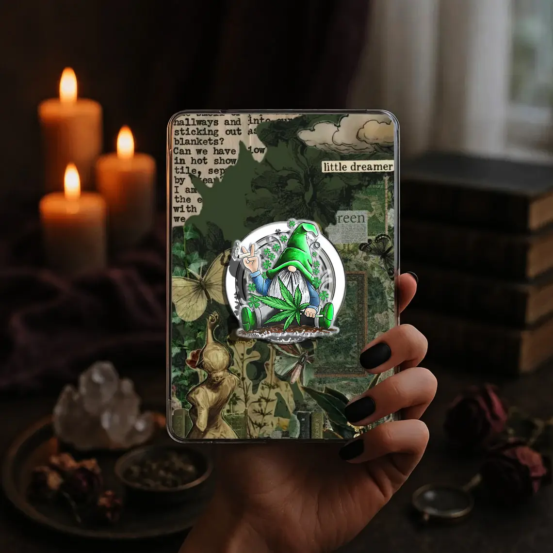 Green Gnome Shamrock Clover Lucky Kindle Grip Saint Patrick's Day Book Bookish Green Clover Magnetic Kindle Grip Book Lover Kindle Accessories Phone Holder PopSocket Phone Grip Magnetic Pop Socket Phone Grip
