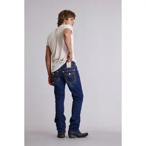 rr Menswear Men's Stretch Denim Jeans - Titan Relaxed Straight Fit, Embroidery Accents, Leather Details, Dark/Smoked Orange