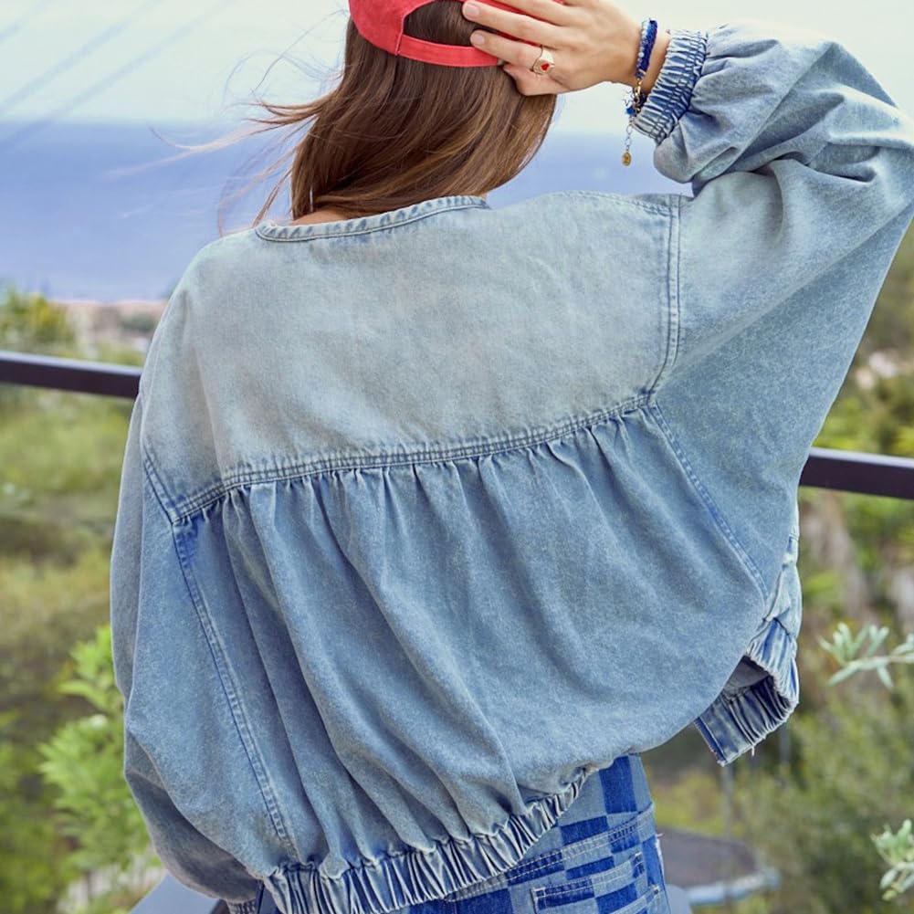 Chouyatou Women's Spring & Autumn Floral Denim Jacket Y2K Casual Loose Short Coat with Pockets SpringStatements