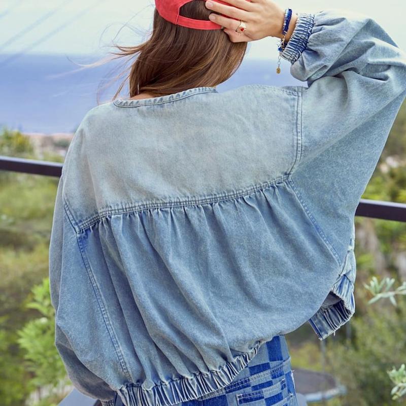 Chouyatou Women's Spring & Autumn Floral Denim Jacket Y2K Casual Loose Short Coat with Pockets