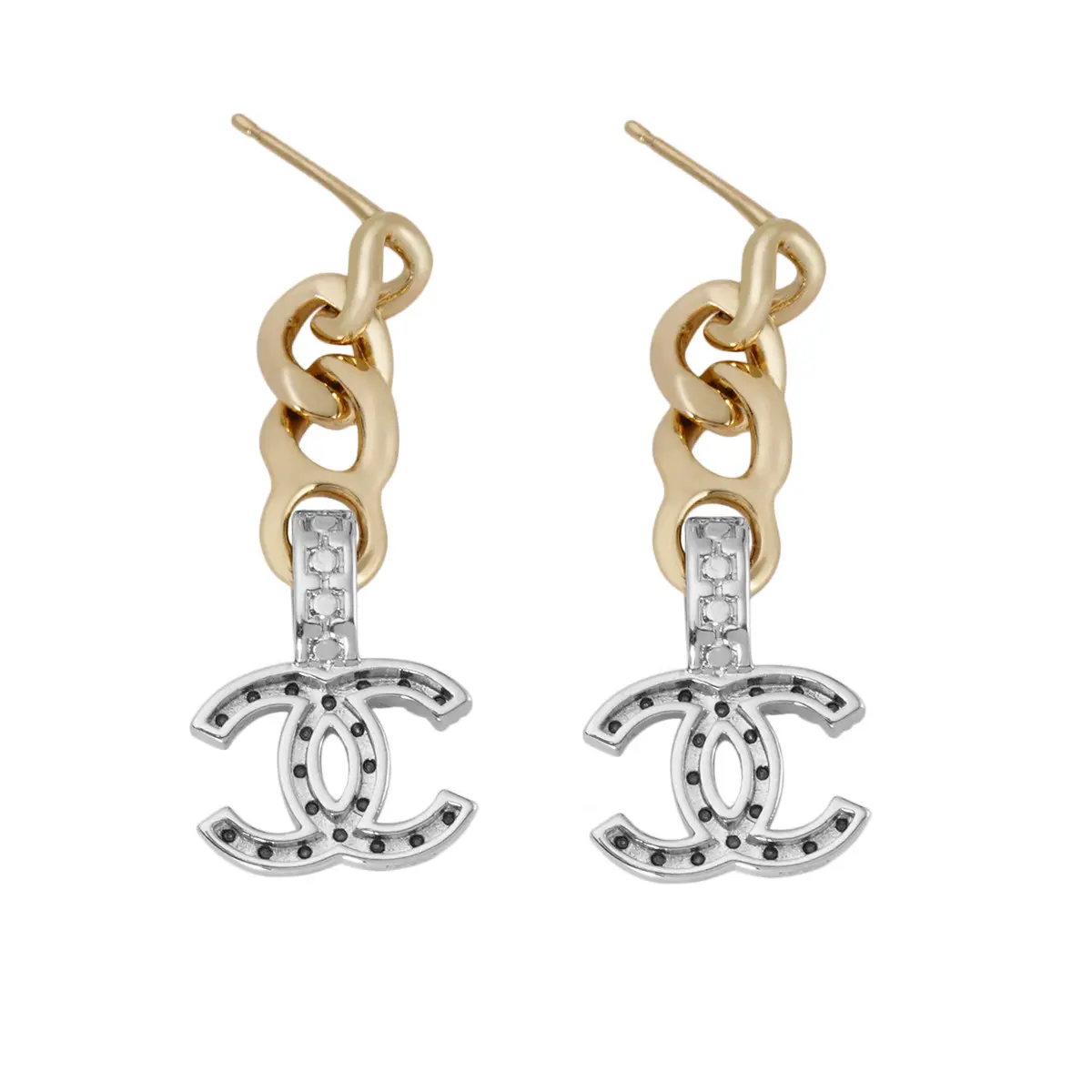 Pre-owned Chanel 2022 Two Tone Chain Link & Crystal CC Drop Earrings JLP016933