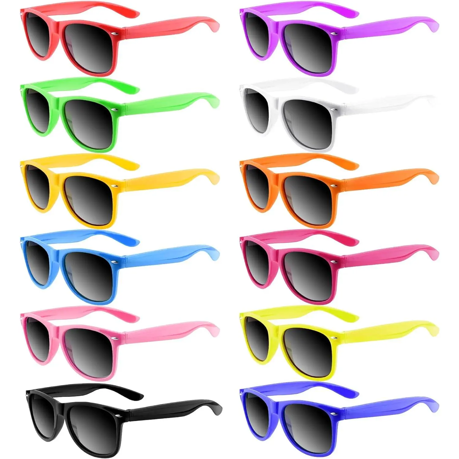 12-Pack Cool Neon Plastic Sunglasses with Wide Frame & Tall Design - Festive Party Eyewear, Bulk Gift Goody Bag Fillers, Bachelorette Statement Accessories for Birthday Events (Popular Bright Colors)
