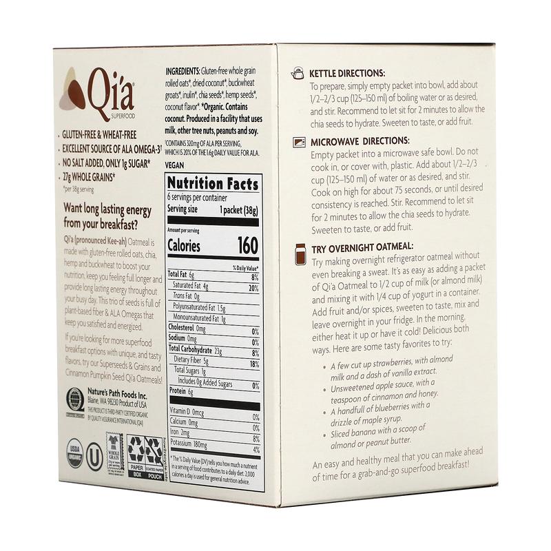 Nature's Path Qi'a Superfood Oatmeal, Creamy Coconut, 6 Packets, 8 oz (228 g)
