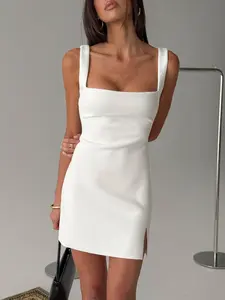 Bombshell Mini Dress White for Women, Square Neckline, Split Hem Detail, Invisible Back Zip, Partially Lined Non-Stretch Fit, Event Ready