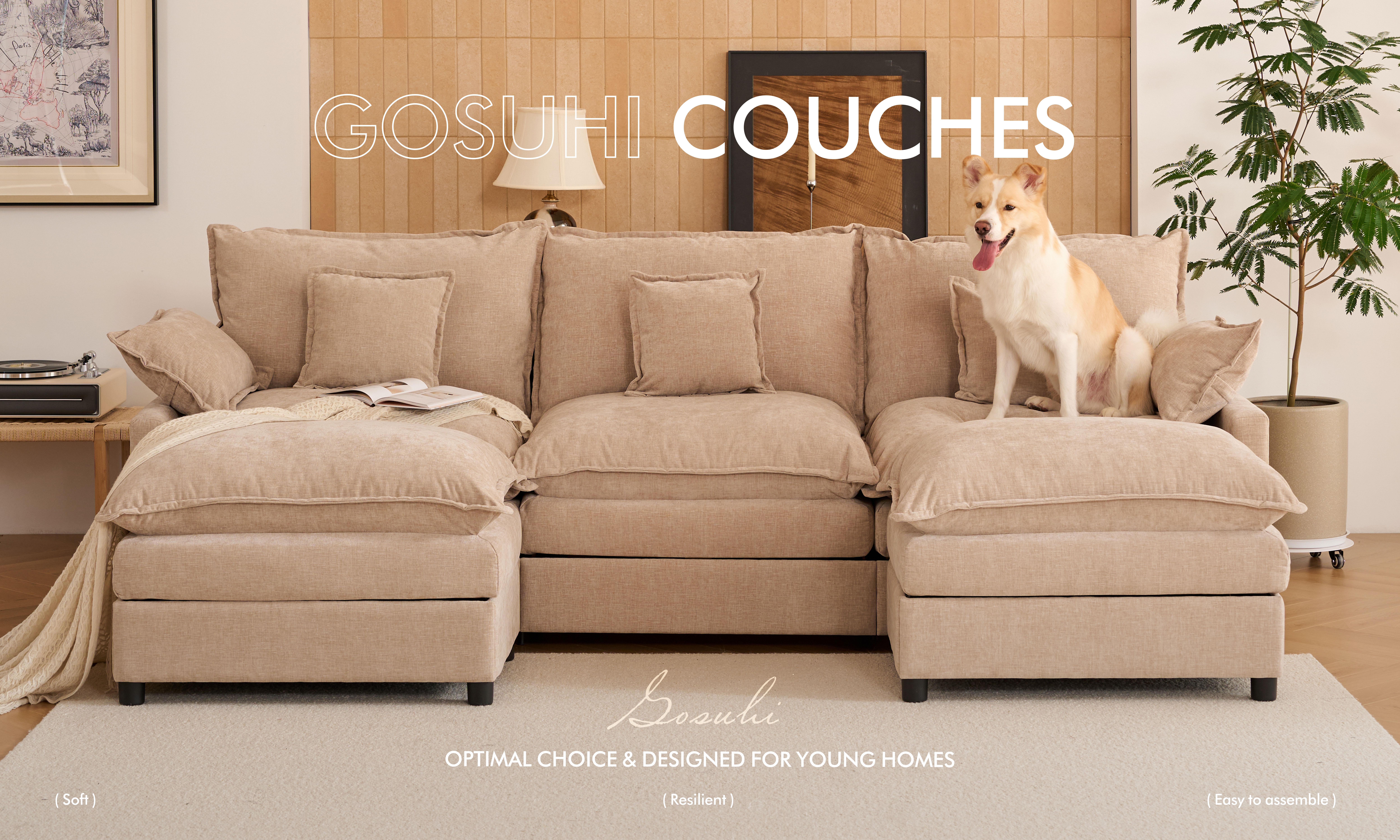 GOSUHI | 108" U-Shaped Modular Cloud Sofa, 3-Seater Sectional with 2 Movable Ottomans,Deep Seat,Chenille,Linen