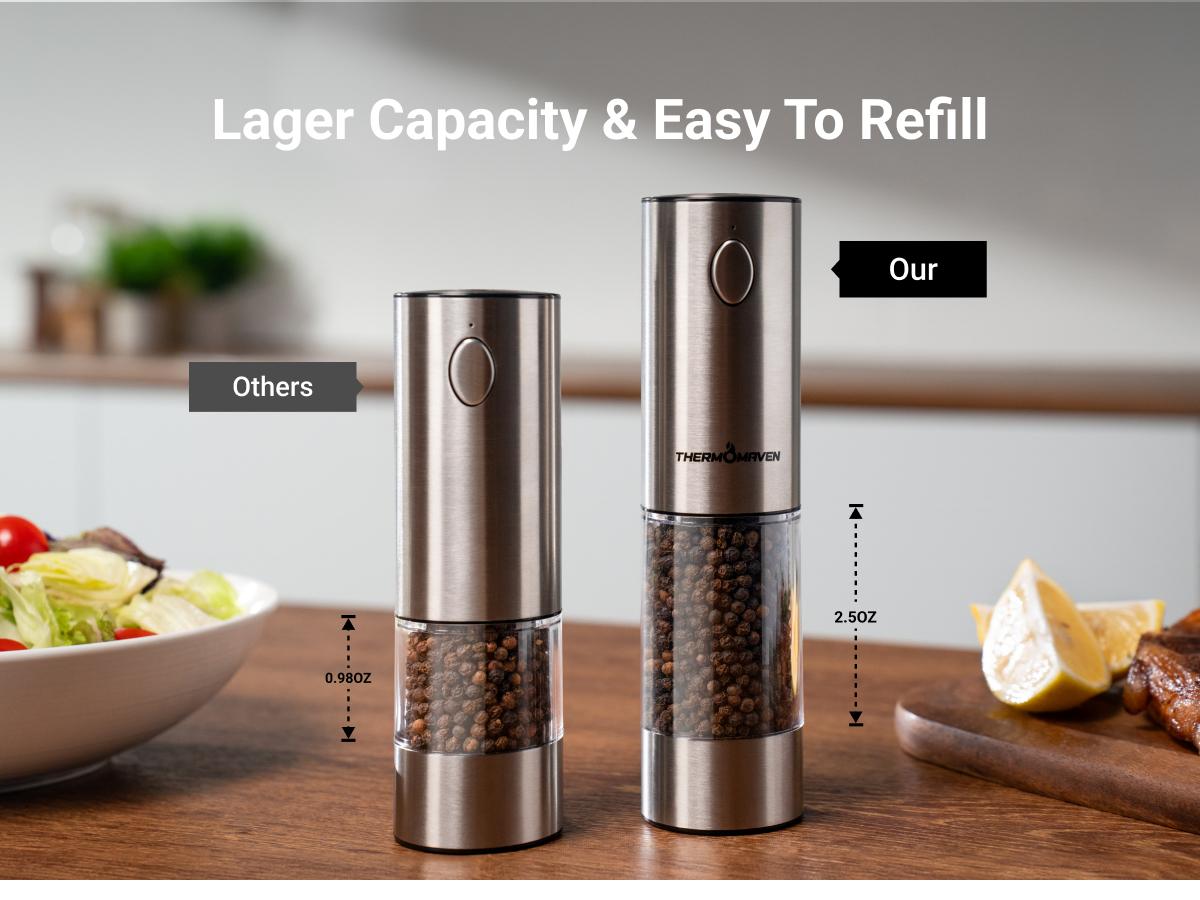 [Large Capacity and LED Light] Electric Salt and Pepper Grinder Set, 3.2oz Larger Rechargeable Automatic with 6 Adjustable Coarseness, Ground Cannon Shaker Peppermill, Black Friday and Christmas Gift