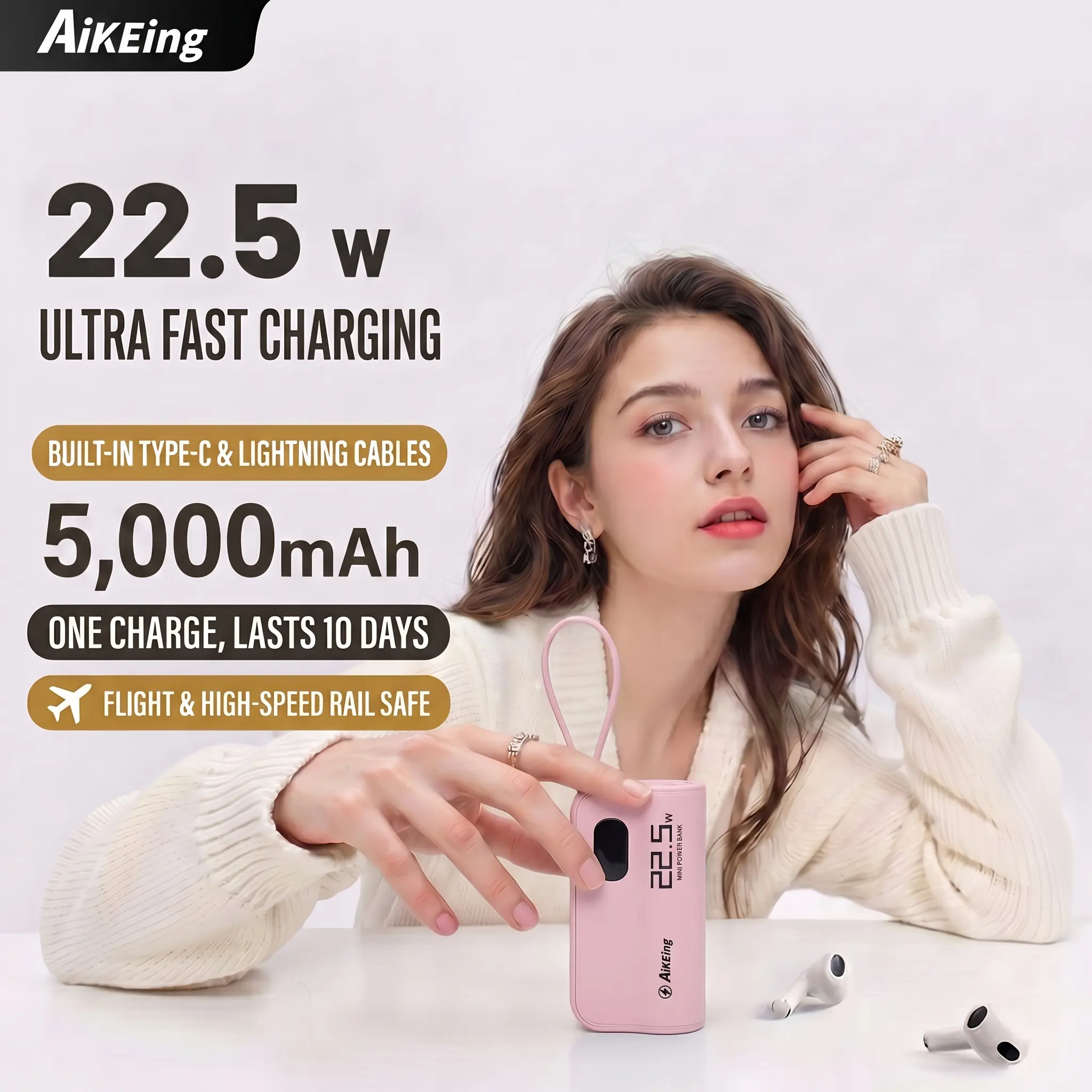 【AikEing】 5000mAh Mini Power Bank, 22.5W Fast Charging 3‑Port Output Portable Phone Charger with Digital Display, Compact Lightweight, Back‑to‑School Must‑Have