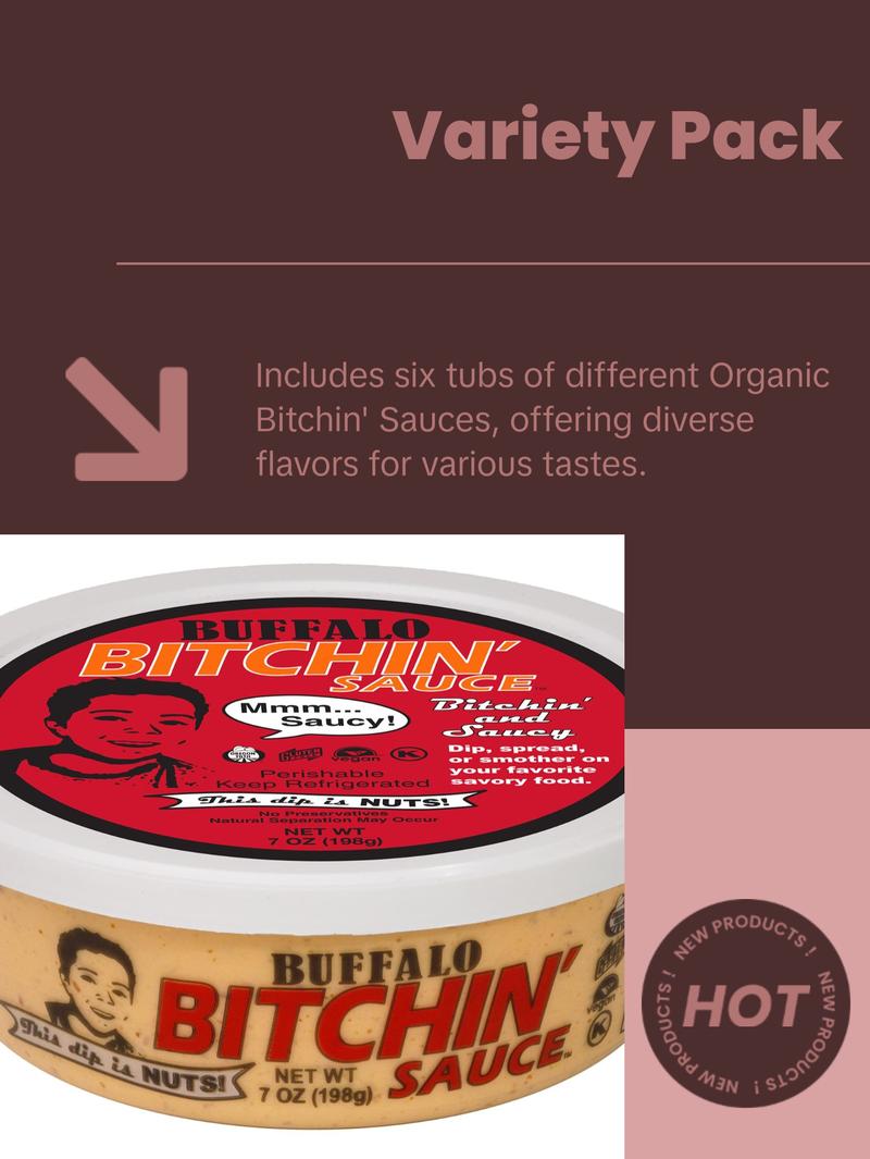 Organic Bitchin' Sauce Sample Pack – Spinach Artichoke, Buffalo, Green Onion, and Roasted Green Chili & Pepita Almond Based Dip and Spread!