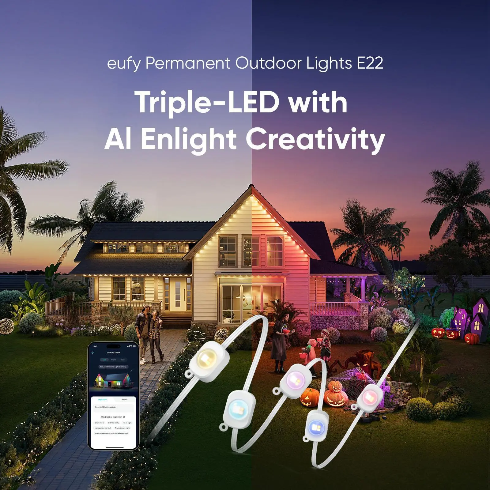 Classic eufy E22 Permanent Outdoor Lights, 100ft with 60 Triple-LED Lights, Smart RGBWW for Christmas, Daily and Holiday, IP67 Waterproof, AI Lighting Themes for Christmas Decorations, Links with Cameras Dimmable Customization