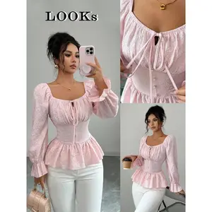 New women's square neck long sleeved woven flower shirt, with a front pleated tie bow design and a pleated hem hem, suitable for elegant daily wear