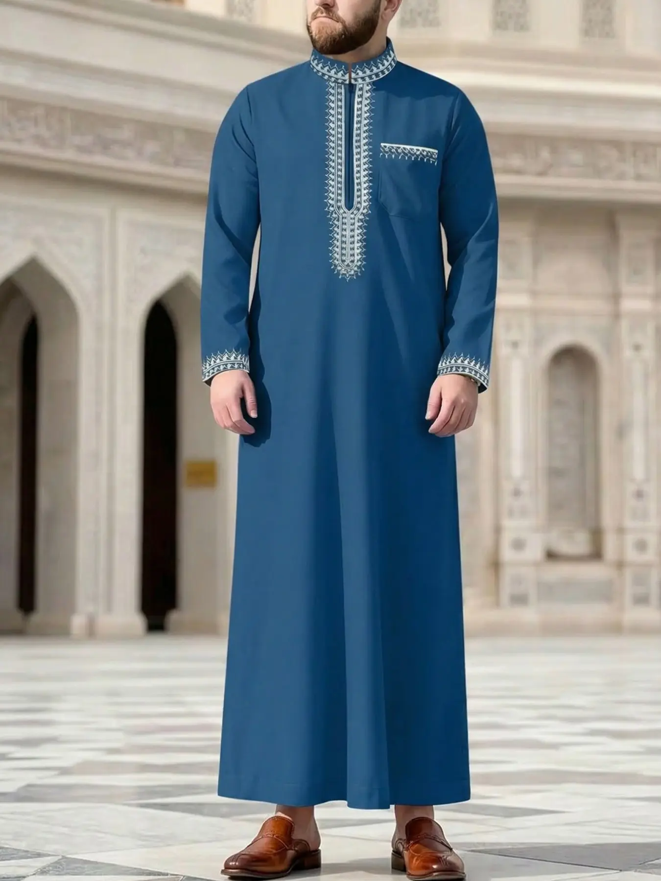 Muslim Men's Modesty Thobe, Traditional Arabic Robe, Long Sleeve Embroidered Stand Collar, Loose Casual Saudi Style, Collared Style Thobe, Islamic Clothing for Festivals and Gifts