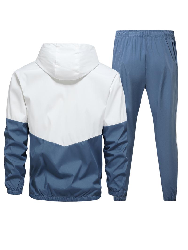 A sports and street photography two-use color-blocked hoodie jacket set, side white stripe slimming pants, trendy, versatile, comfortable, and breathable.