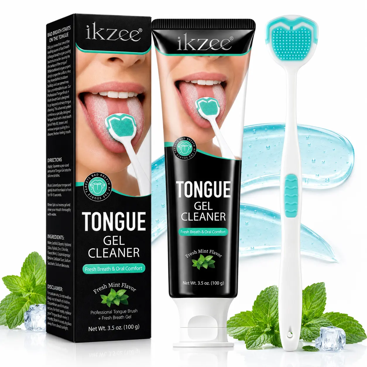 Tongue Gel Cleaner Kit, Tongue Scraper Brush with Mint Cleaning Gel for Adults, Oral Hygiene Set for Daily Tongue Coating & Mouth Freshness Care, 3.5oz(100g)