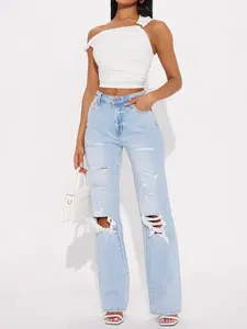 Posted Stretch Ripped Straight Leg Jeans - Light Wash