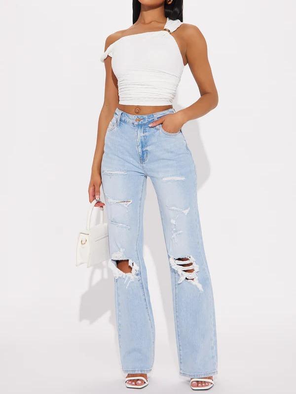 Posted Stretch Ripped Straight Leg Jeans - Light Wash