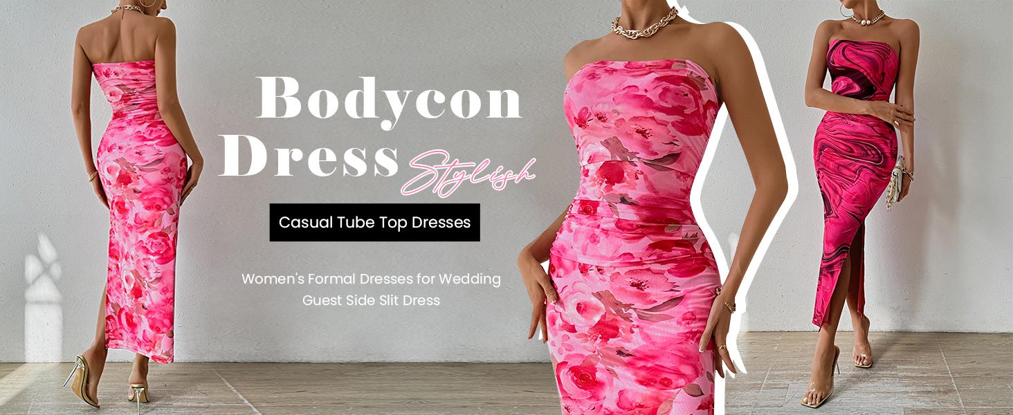 PrettyGarden Women's Summer Printed Strapless  Bodycon Maxi Dress Ruched Side Slit Floral Tube Dresses