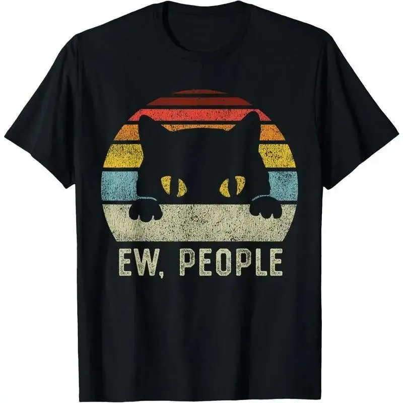 100% Cotton Ew People Retro Cat Fun Vintage Anti Social Introvert T-Shirt Menswear Top shirts women