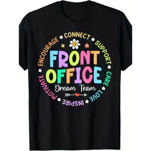 Men'S & Women'S Front Office Graphic T-Shirt - Retro Receptionist Design with Front Desk Motivational Words (Connect, Support, Encourage) - Crew Neck Short Sleeve Casual Tee for Office, School, Casual Attire - All-Season Fit - Ideal for Receptionist