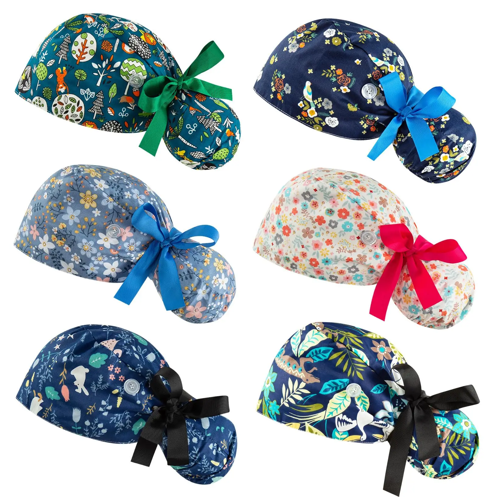 Women’s Bouffant Scrub Caps, Adjustable Work Caps with Ponytail Pouch and Tie-Back Design