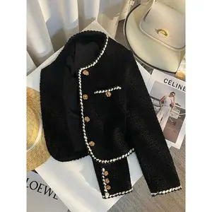 Vintage Tweed Jacket Women Elegant Cropped Quilted Coat Commute Black Blazer Winter Ladies Korean Short Outerwear Tops New Womenswear Long Sleeve Fitted