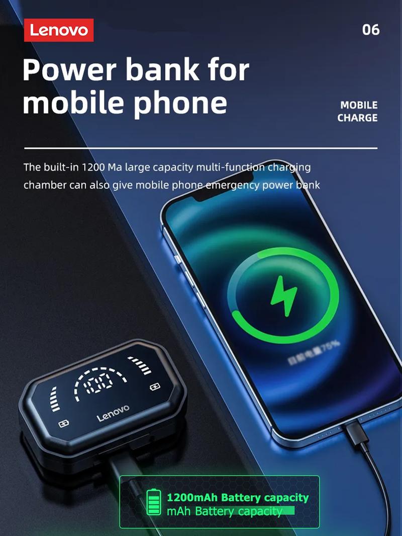 Lenovo LP3 Pro In-Ear Wireless Headphones with Bluetooth 5.0, Hi-Fi Sound Quality, LED Power Display, IPX5 Waterproof, 1200mAh Charging Case Doubles as Emergency Power Bank for Phones