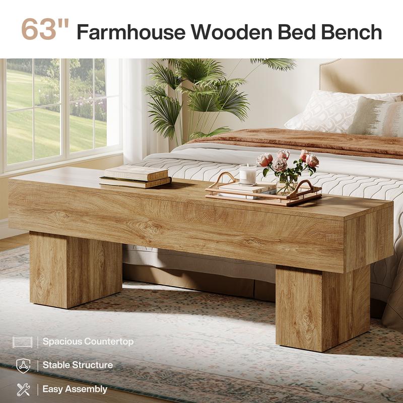 LITTLE TREE 63“ Extra Long Dining Bench, Farmhouse Wooden Entryway Bench, Indoor End of Bed Bench for Bedroom, Living Room, Dining Room, Hallway, Light Brown