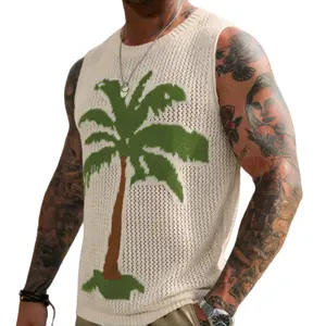 Men’s Tropical Palm Tree Knit Tank Top Breathable Open Knit Summer Vacation Sweater Vest Lightweight Beach Outfit Sleeveless Pullover Y2K Streetwear