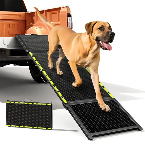 74'' L & 20'' W All Metal Dog Ramp for SUV, Truck & Car Bed - Extra Wide Portable Ramp with Stable Middle Beam, Gentle Joint Slope, Non-Slip Grip, Lightweight for 250LBS Max Large Dogs, Safe Entry, Black,familyfun