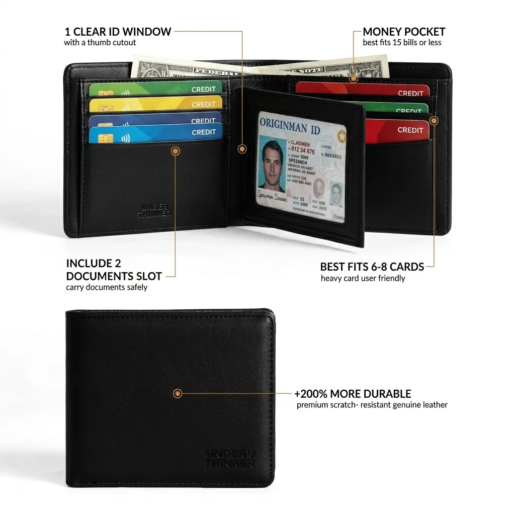 UNDER THINKER Mavo RFID Wallet for Men, Slim Bifold Faux Leather Wallet with ID Window, Holds Up to 9 Cards, Gift Box Included TDF