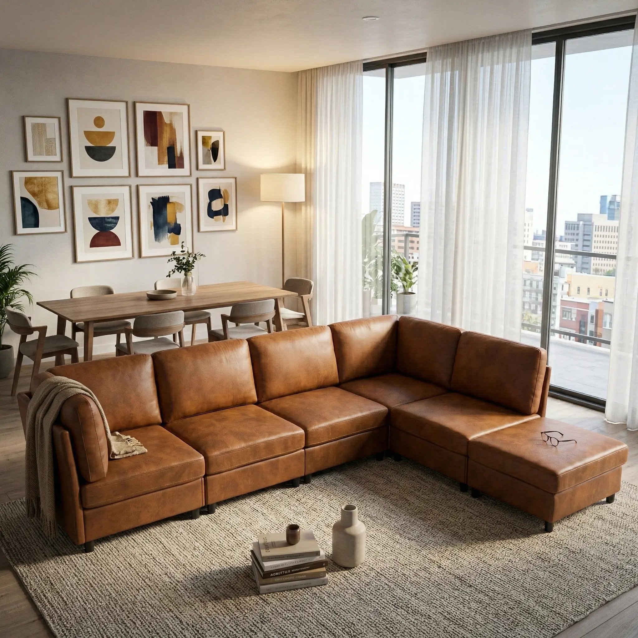 Eyisean 124" Oversized Leather Luxury Modular L-Shaped Corner Sectional Sofa - 6-Seater Polyester Fabric Leather Lounge Sofa with Movable Ottoman, Durable Deep-Seat Plastic-Legged 3-Way Living Room Furniture, Easy-Setup DIY Convertible Bed
