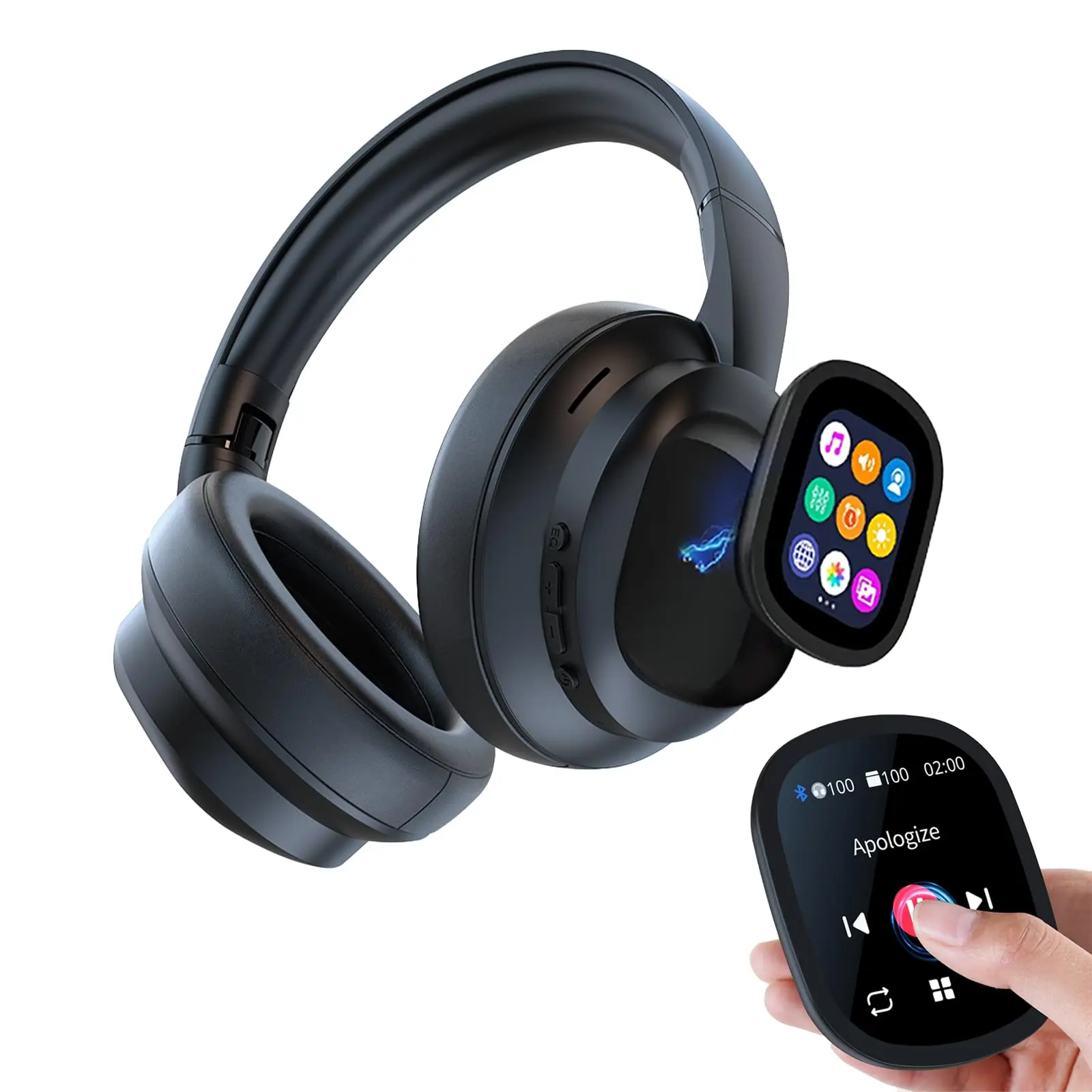 Headphones with a screen, 100-hour b.attery life, wirelessBluetooth over-ear design, built-in microphone, powerfulbass, and fast charging