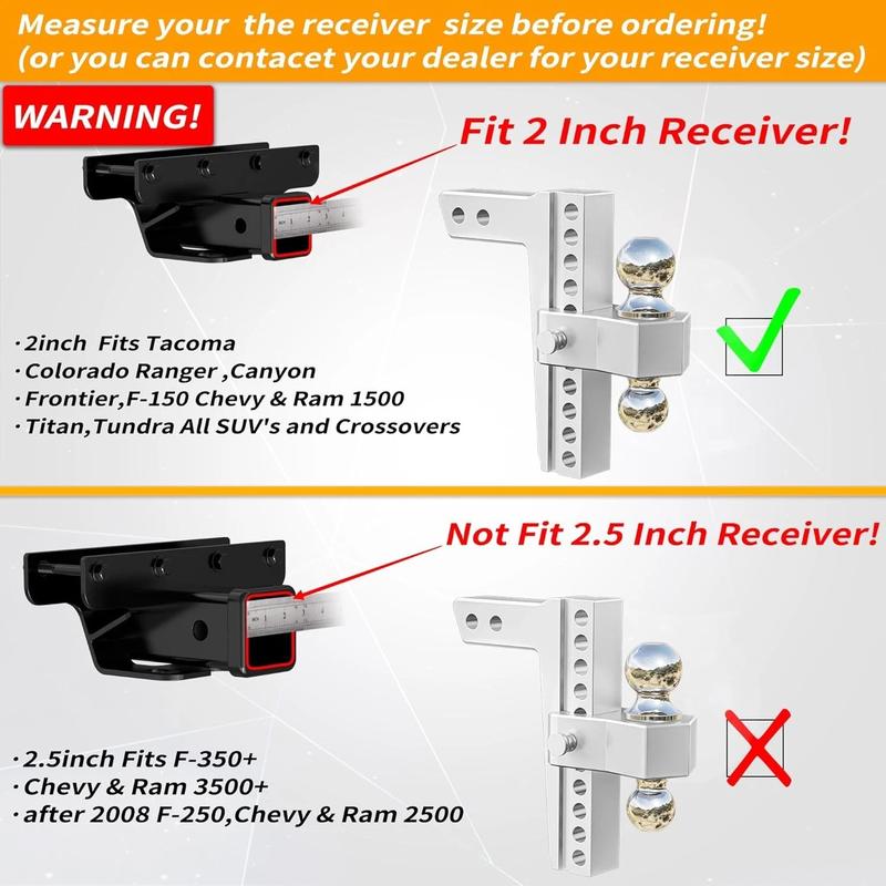 Aluminum Adjustable Trailer Tow Hitch 2"&2.5'' Receiver 10" Drop 12,500 LBS - 18,500 LBS with 2 Locking Pins