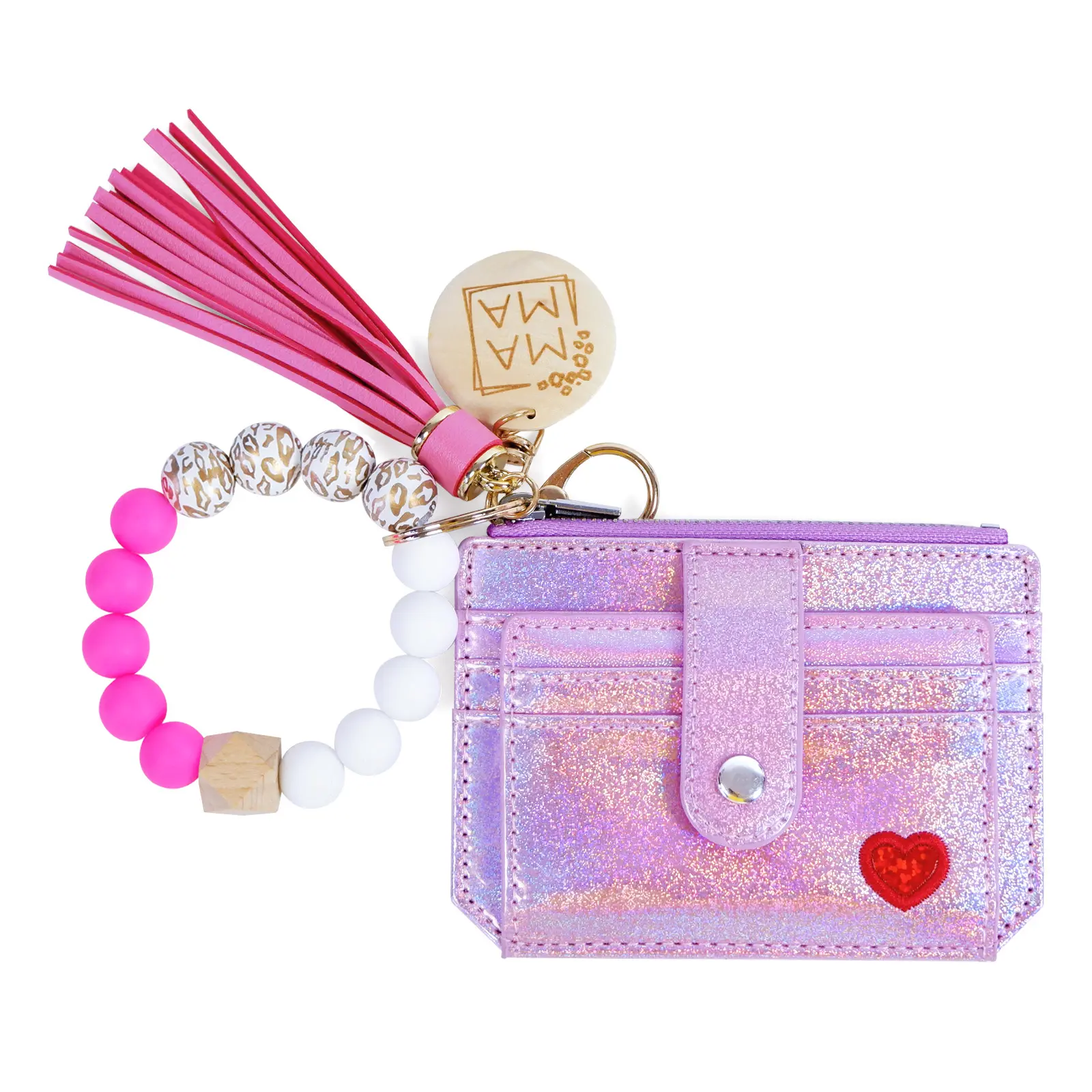Women's Preppy Pink Holographic Eco-Film PU Leather Credit Card Holder Wallet - Anti-Slip Design, ID Window, Zipper Coin Pocket, Detachable Beaded Charm, Daily Use for Fashion-Forward Women, Luggage & Bags Accessory, Camping Essential, Detachable Beaded B